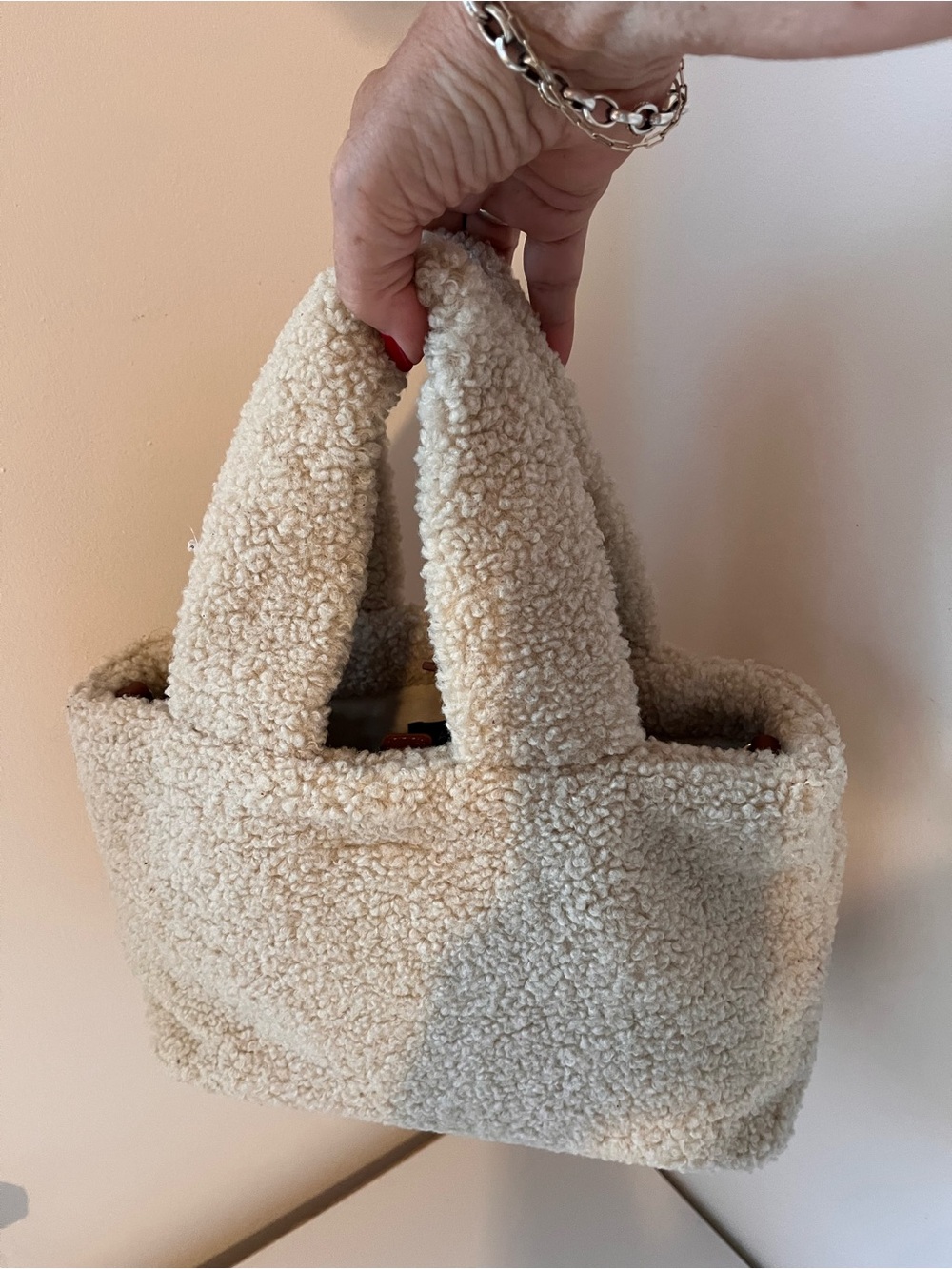 Laundry by Shelli Segal Cream Sherpa Bouclé Mini Tote Bag Cozy Shearling Handbag